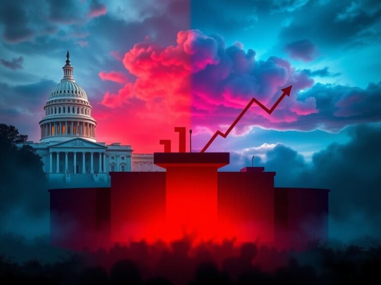 Flick International A dramatic split-screen composition featuring a stylized depiction of the Capitol building and a debate stage, symbolizing political tension.