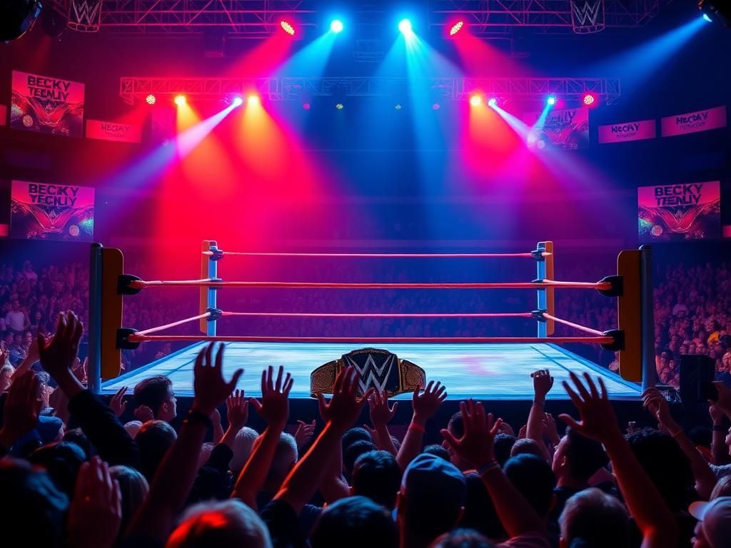 Flick International A vibrant wrestling ring with a championship belt and sunglasses, capturing the excitement of WWE.