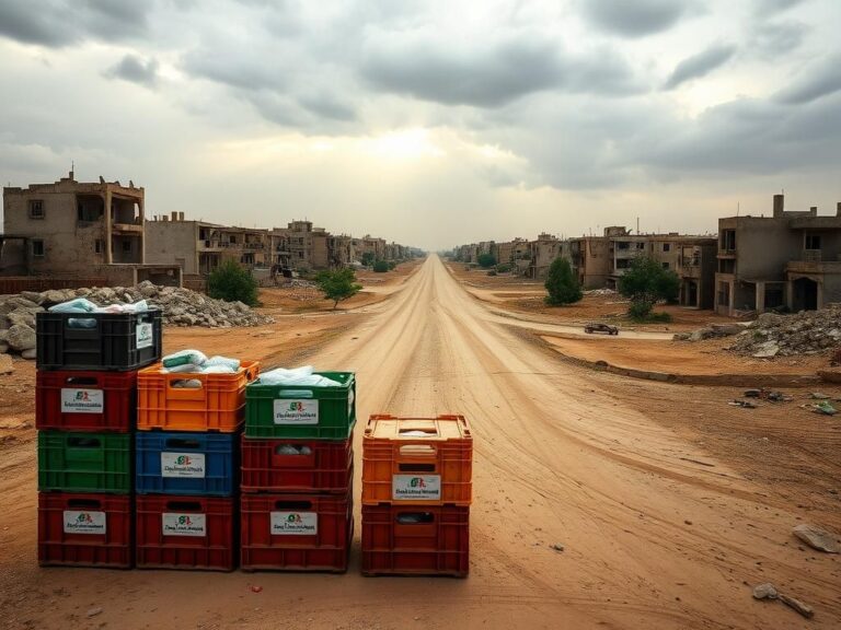 Flick International A poignant view of Gaza with colorful food supply crates and crumbling buildings in the background