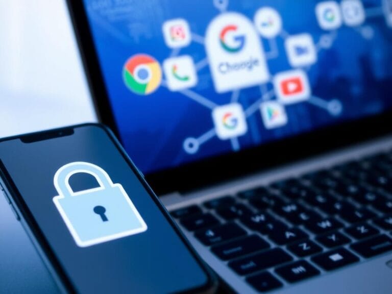 Flick International Close-up view of a smartphone and laptop displaying Google services icons with digital data flows.