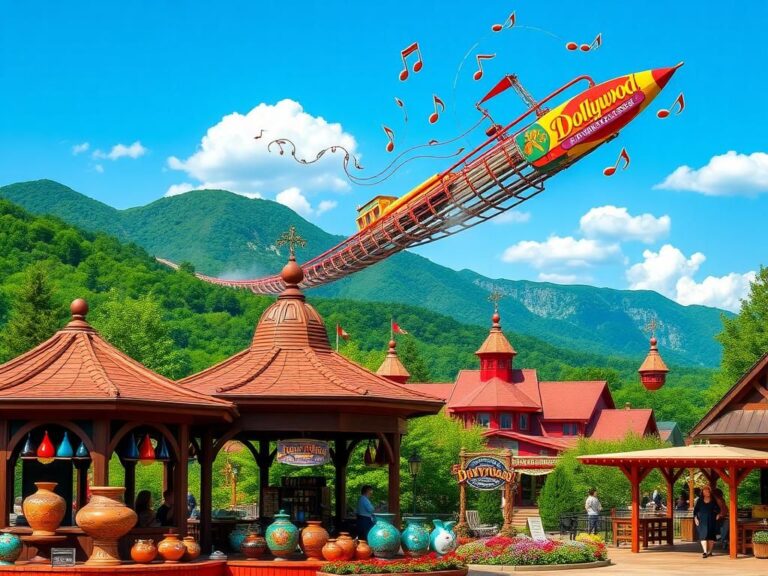 Flick International Vibrant depiction of Dollywood amusement park with roller coasters and Smoky Mountains