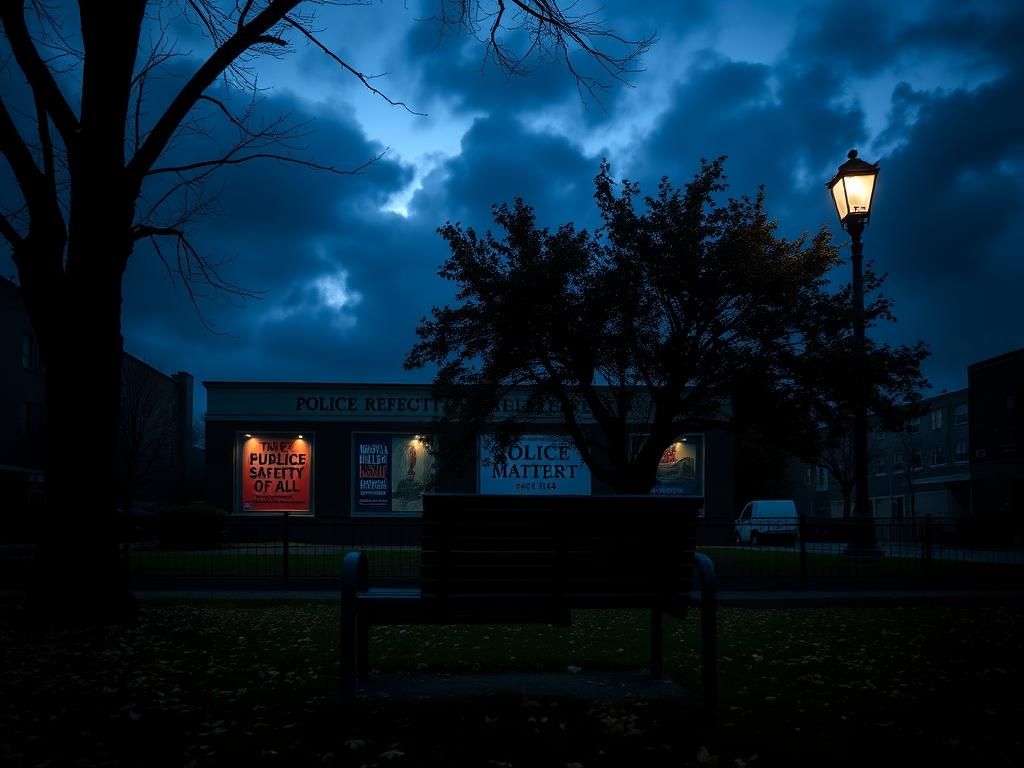 Flick International A somber urban landscape at dusk featuring a police precinct with community reform banners