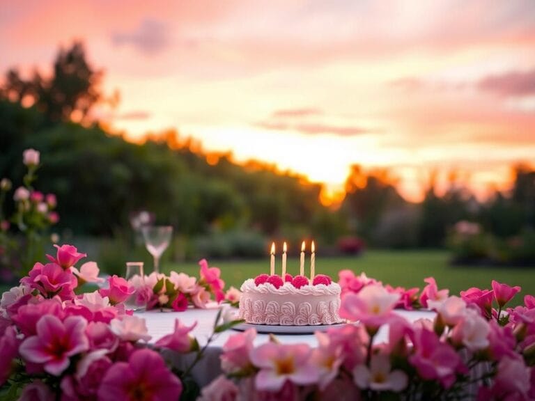 Flick International A serene outdoor setting with a beautifully arranged table featuring a small birthday cake in a lush garden at sunset
