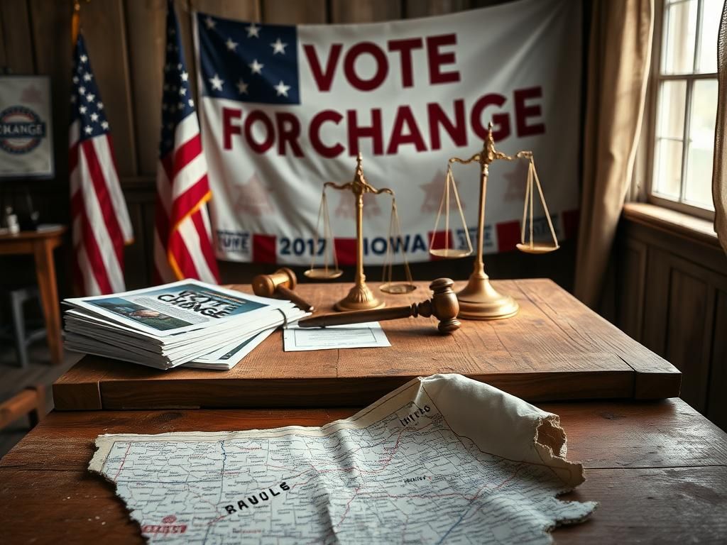 Flick International Rustic wooden table with campaign flyers and a 'Vote for Change' banner representing Iowa's political landscape