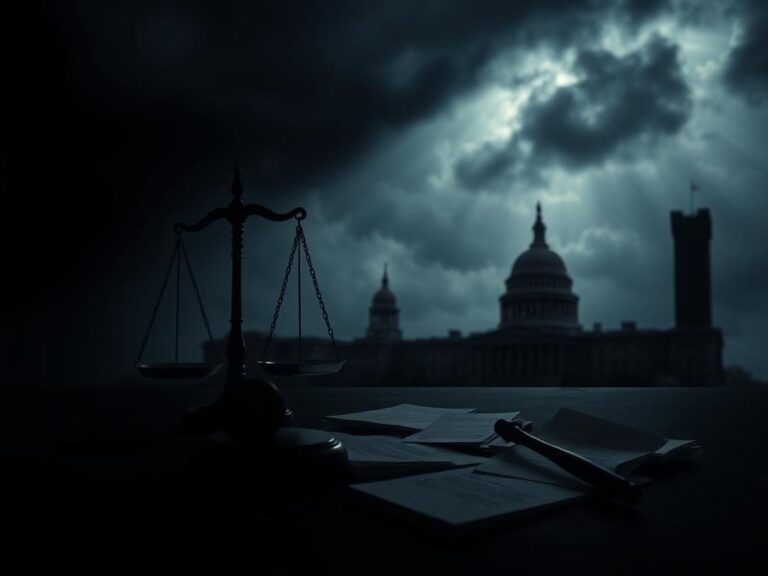 Flick International Dark abstract representation of accountability and justice featuring scales of justice and legal documents