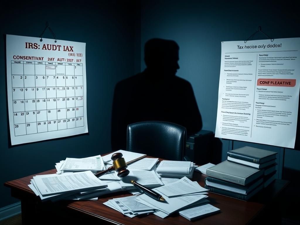 Flick International Dimly lit IRS office environment with a cluttered desk and tax forms