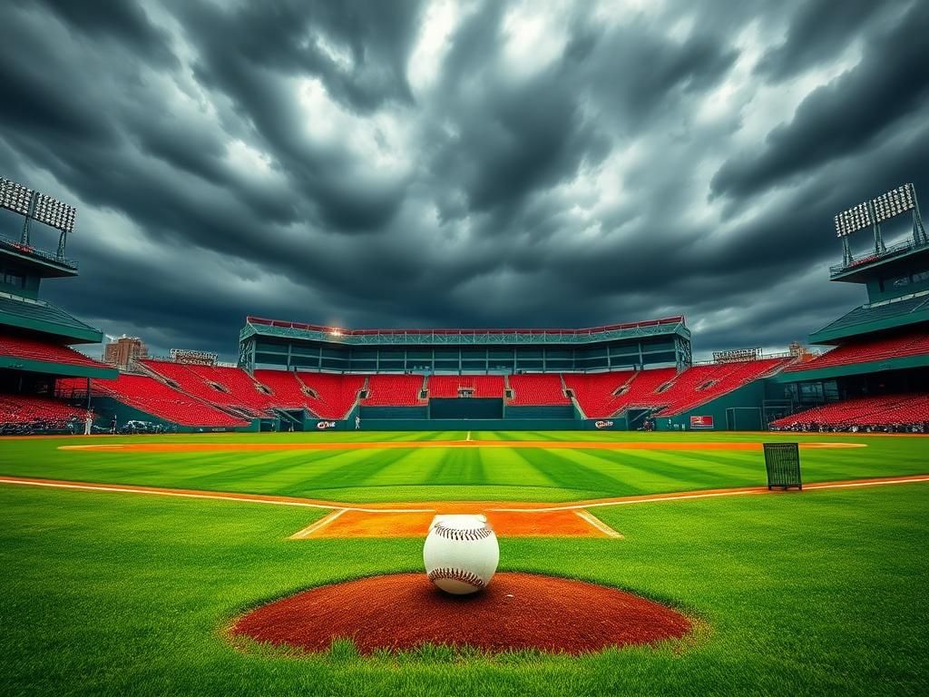 Flick International A vibrant scene of Fenway Park focusing on the pitcher's mound and home plate under a dramatic sky