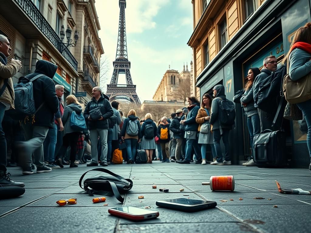 Flick International A crowded Parisian subway station entrance with bags left unattended