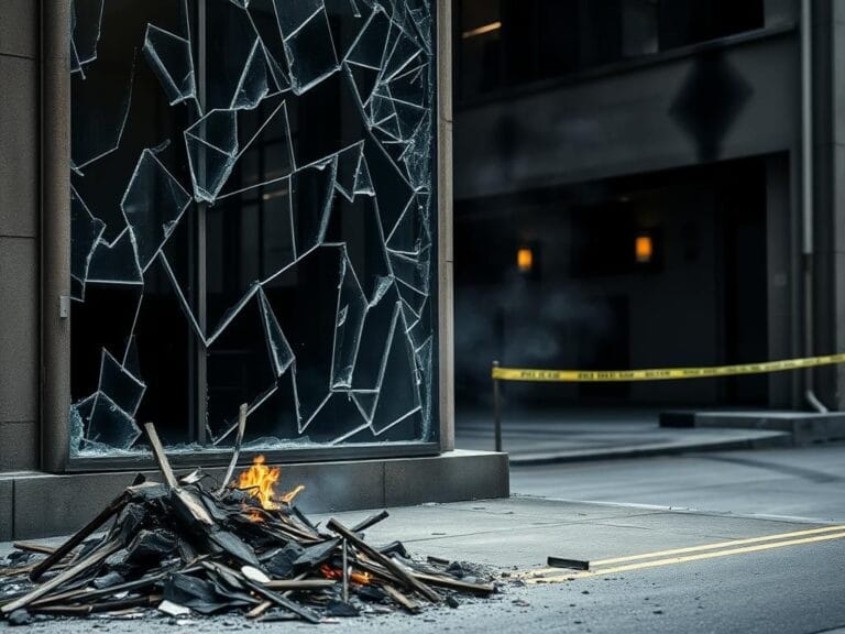 Flick International Aftermath of an arson attack on the ICE office in Yakima, Washington, featuring shattered glass and debris