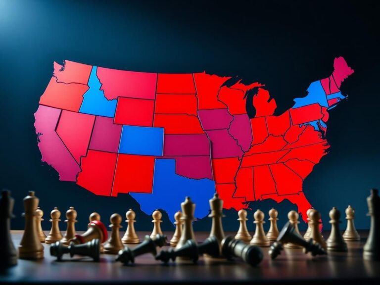 Flick International A dramatic map of the United States highlighting red and blue states to illustrate political divisions.
