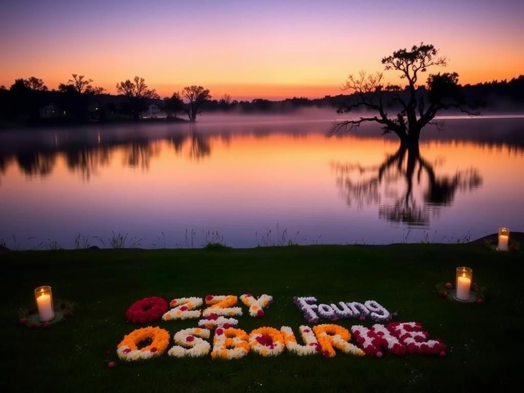 Flick International Floral tribute to Ozzy Osbourne beside a serene lake at dusk