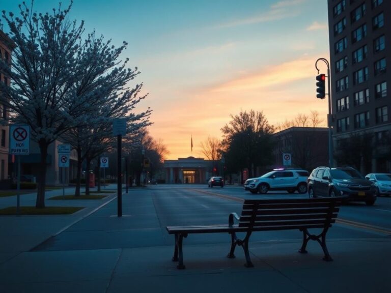 Flick International A peaceful urban landscape at dawn showcasing a quiet city street with blooming trees and an empty park bench