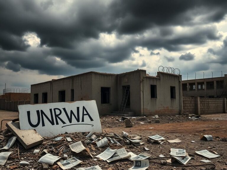 Flick International A dilapidated building representing UNRWA in the Gaza Strip surrounded by debris and scattered papers.