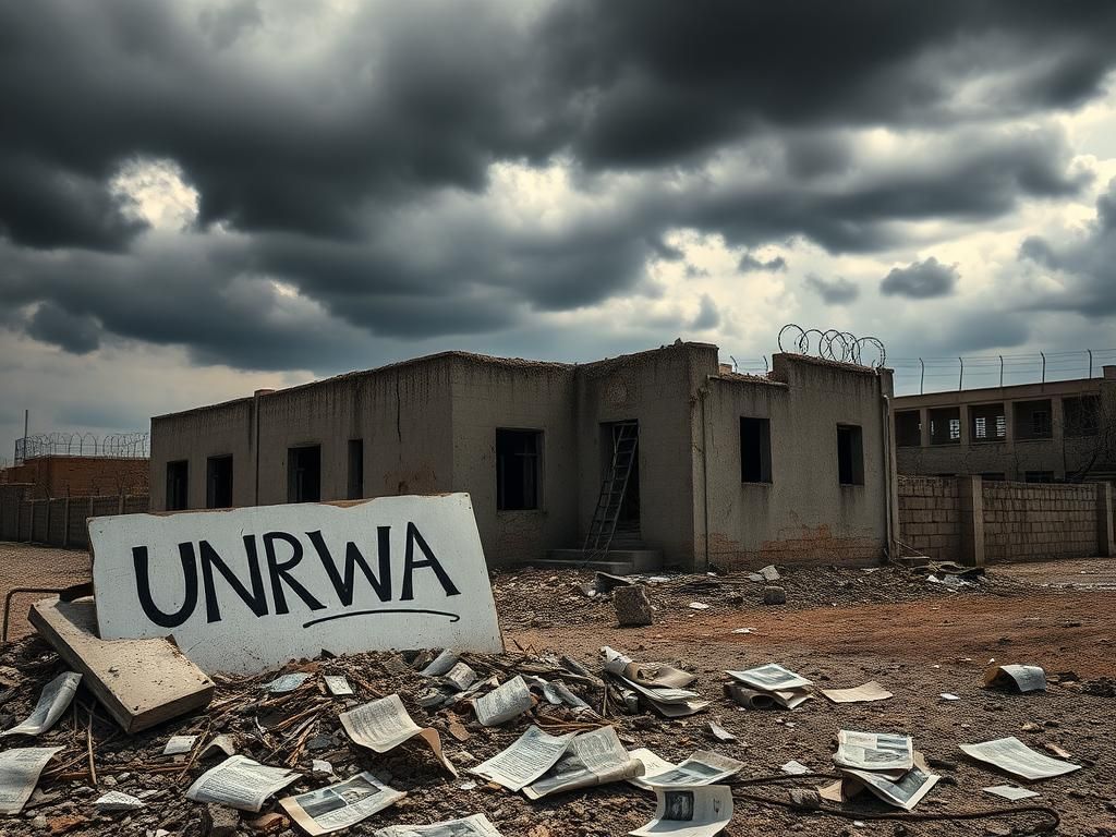 Flick International A dilapidated building representing UNRWA in the Gaza Strip surrounded by debris and scattered papers.