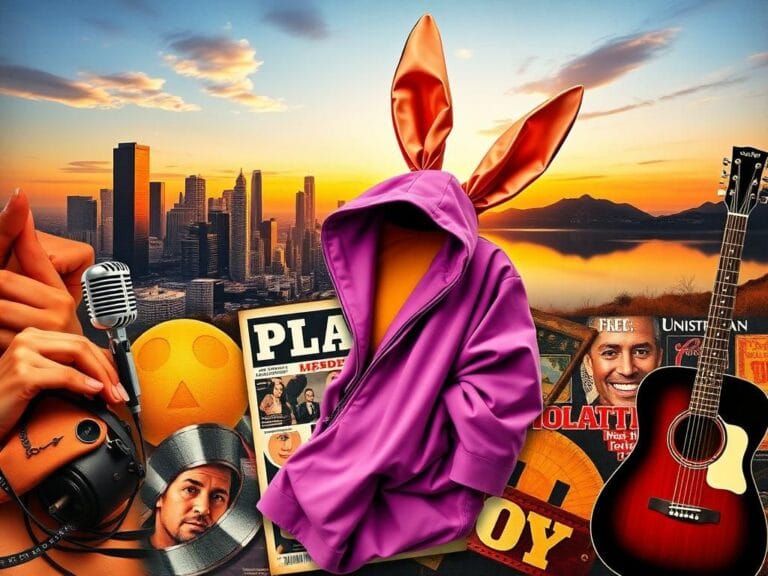 Flick International A vibrant collage representing the entertainment industry with an altered Playboy bunny costume, a vintage magazine, and Hollywood symbols.