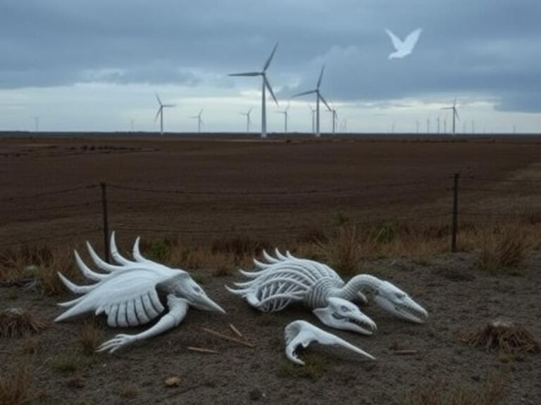 Flick International A desolate landscape featuring large bird remains in front of towering wind turbines under a dark sky