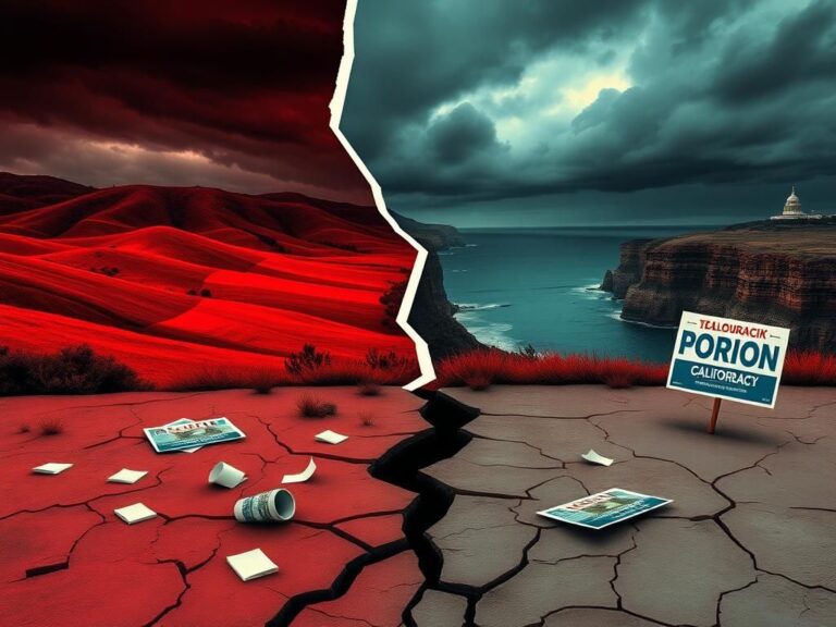 Flick International Dramatic landscape of California's rolling hills with political symbols of division