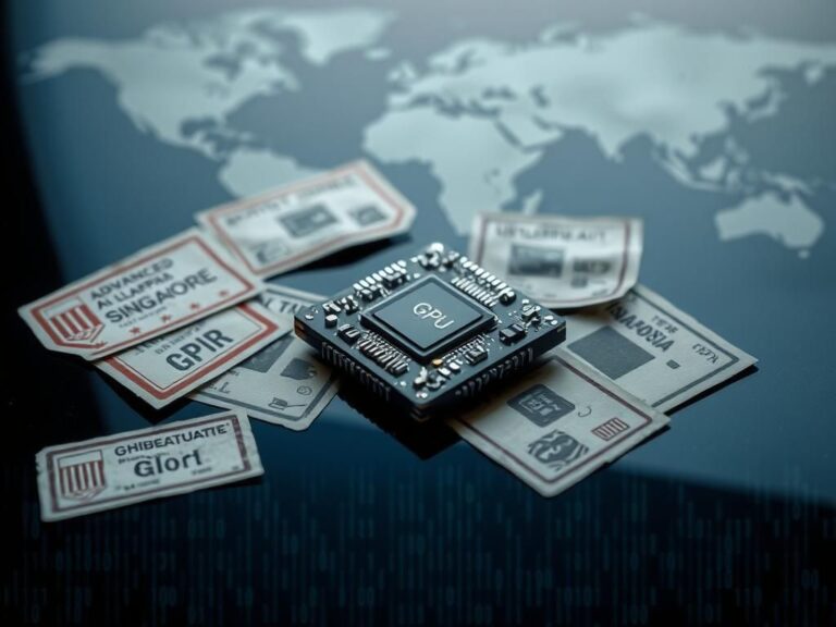 Flick International Close-up of advanced AI microchips with a powerful GPU chip on a dark reflective surface