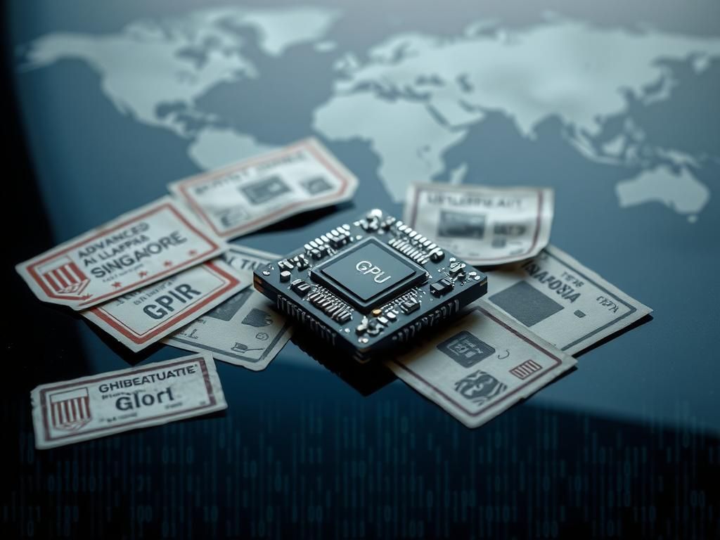 Flick International Close-up of advanced AI microchips with a powerful GPU chip on a dark reflective surface