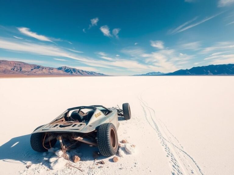 Flick International A high-performance vehicle wreckage at the Bonneville Salt Flats, symbolizing the tragic record attempt