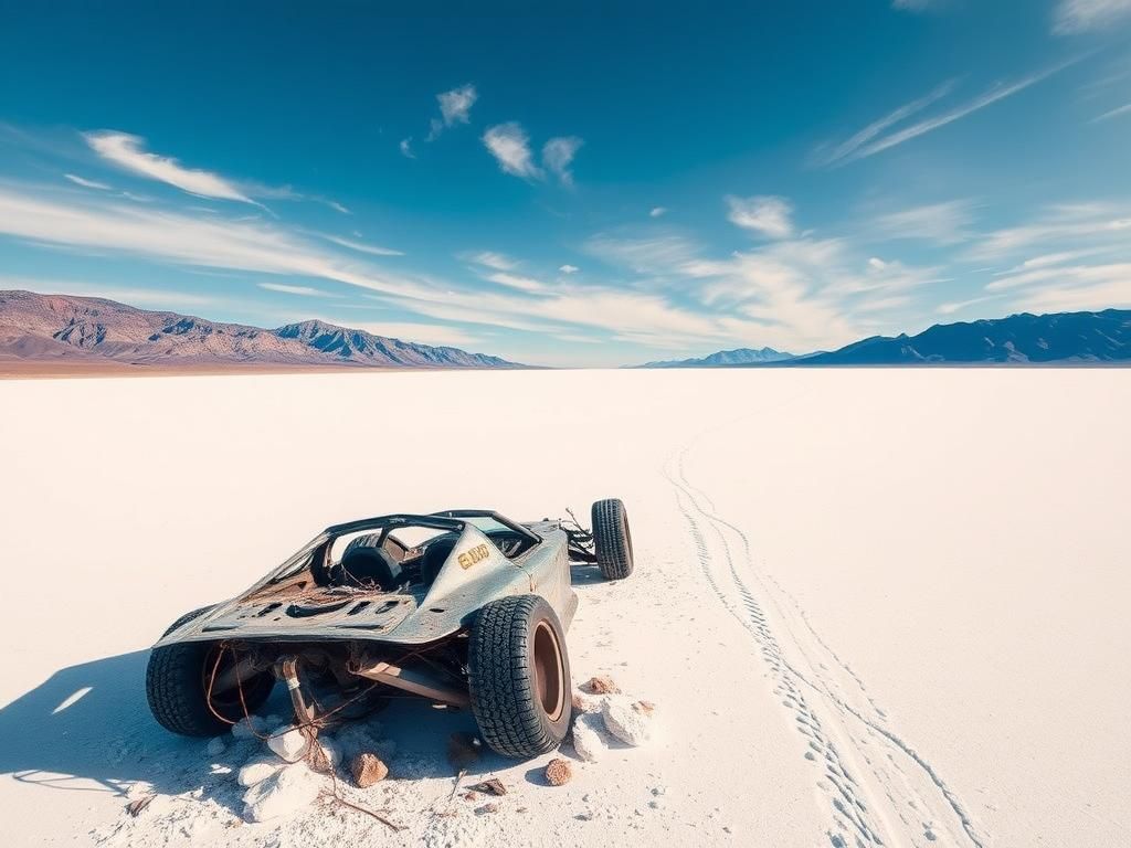 Flick International A high-performance vehicle wreckage at the Bonneville Salt Flats, symbolizing the tragic record attempt
