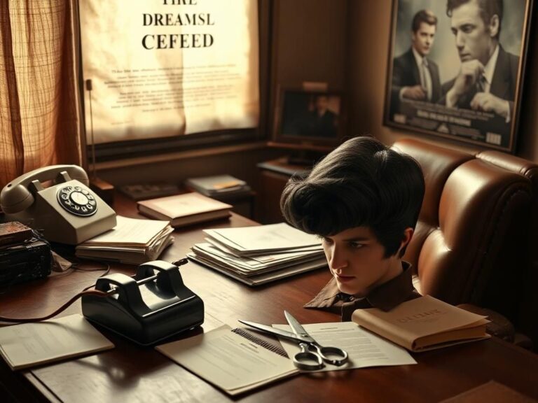 Flick International Vintage Hollywood office setting with a wooden desk, scripts, film reels, rotary phone, scissors, comb, and Elvis-style wig