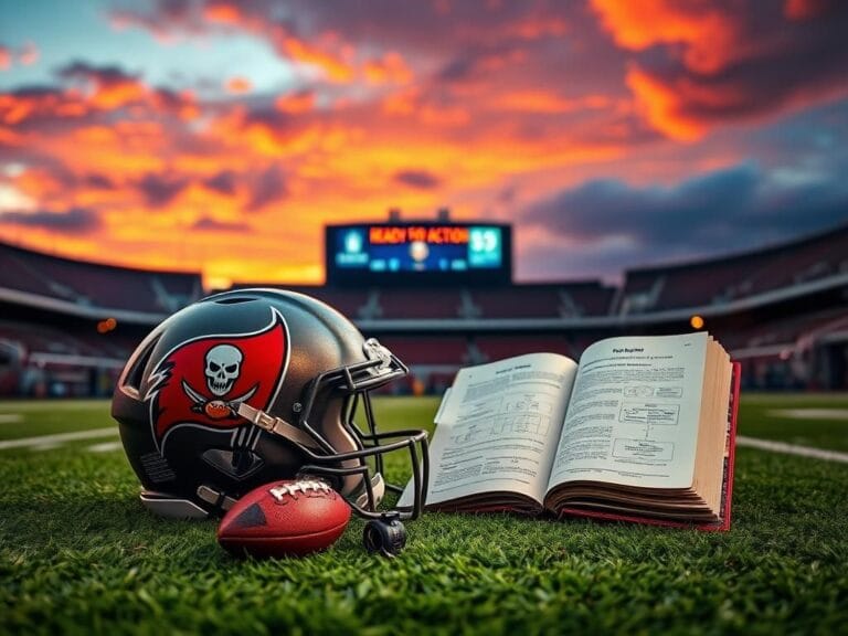 Flick International Tampa Bay Buccaneers helmet on turf field with football and playbook