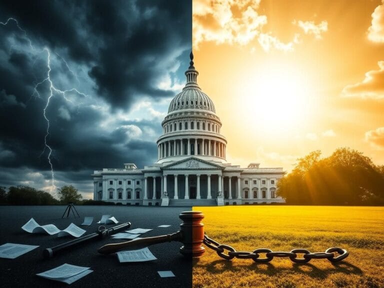 Flick International Split image of the U.S. Capitol building with dark clouds and lightning on one side and warm sunlight on the other, symbolizing political tension and hope.