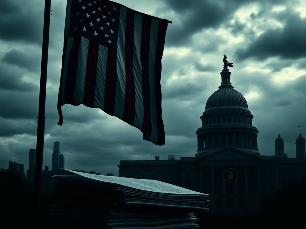 Flick International A large, weathered American flag hanging limply over a dark government building symbolizing tension between patriotism and conflict