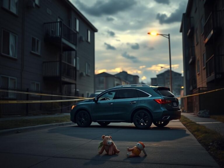 Flick International Dark urban apartment exterior in Aurora, Colorado, with police tape and children's toys on the ground