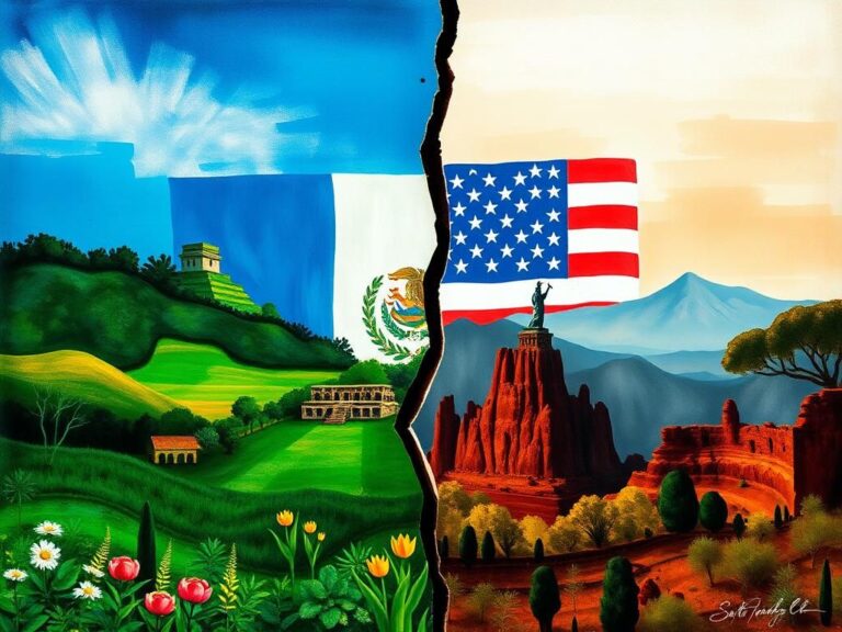 Flick International Abstract representation of divided landscapes symbolizing cultural identity with Guatemalan and American elements