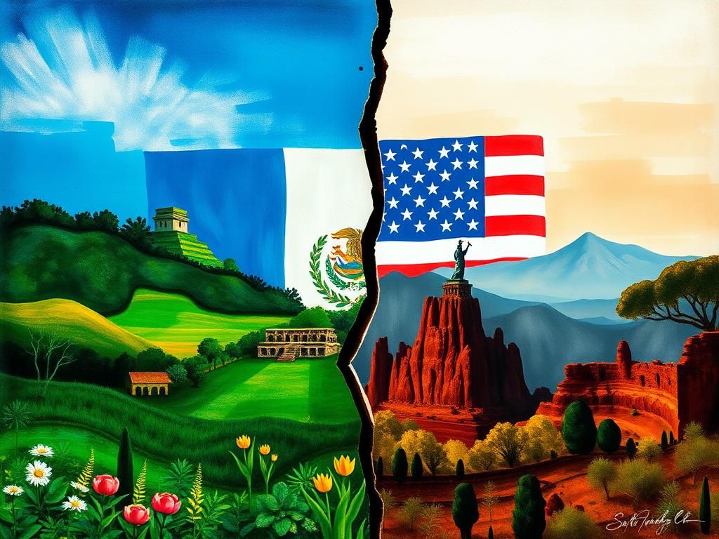 Flick International Abstract representation of divided landscapes symbolizing cultural identity with Guatemalan and American elements