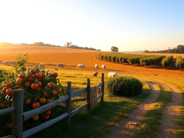 Flick International Serene Tennessee farm landscape at dawn with vibrant tomatoes and peaches