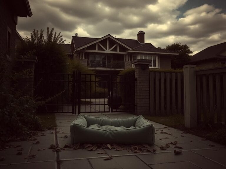Flick International A dark, moody suburban home scene with an empty dog bed symbolizing loss