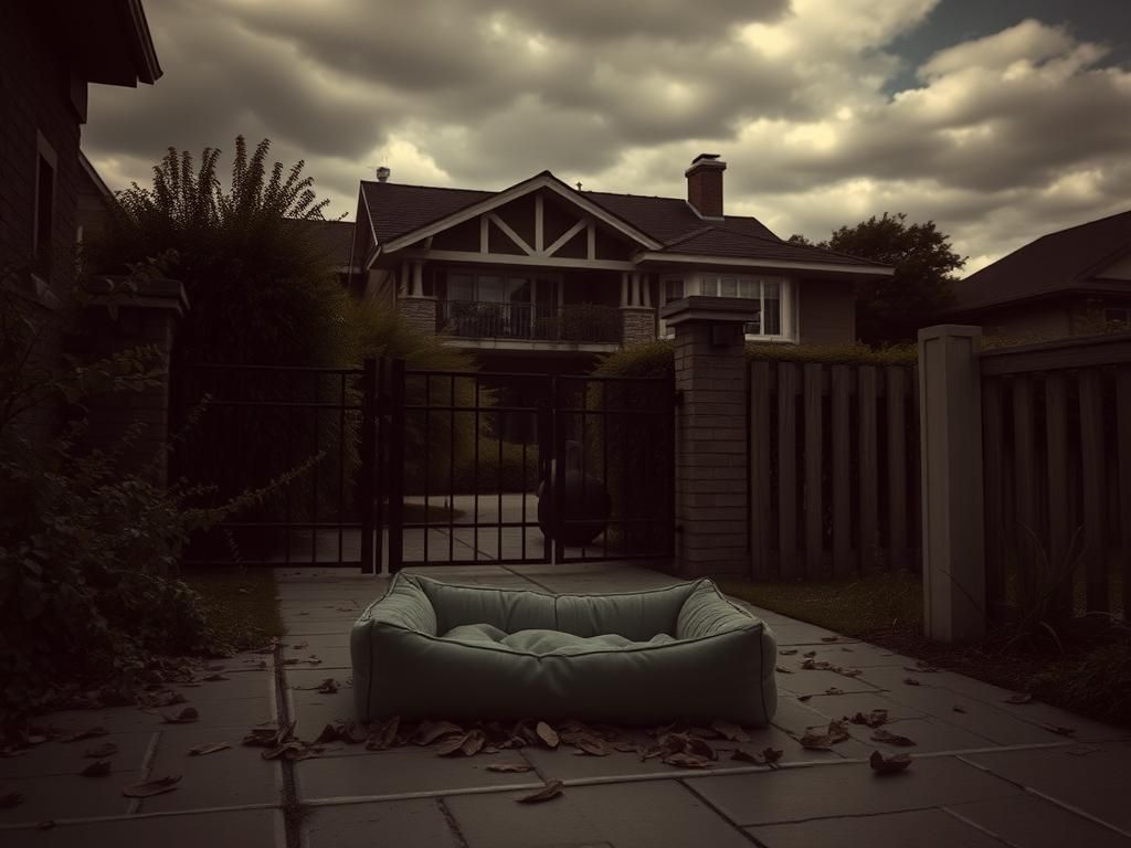 Flick International A dark, moody suburban home scene with an empty dog bed symbolizing loss