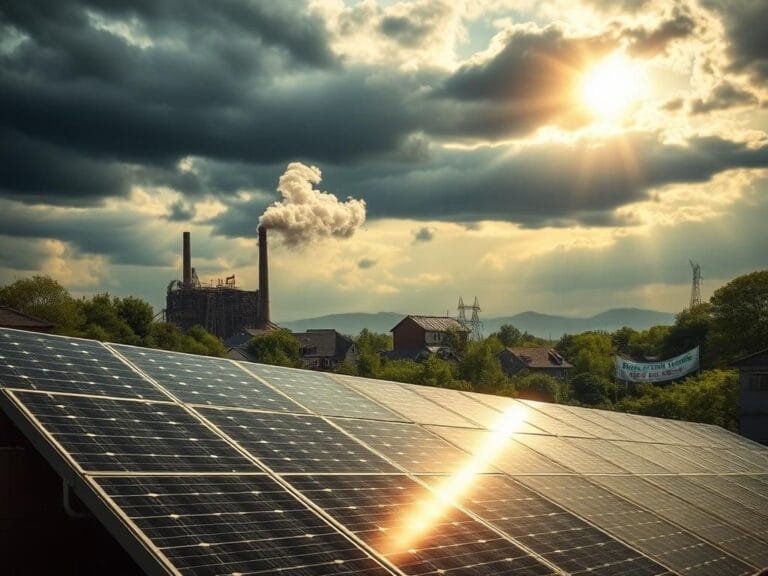 Flick International Array of residential solar panels gleaming under the sun with a coal power plant in the background