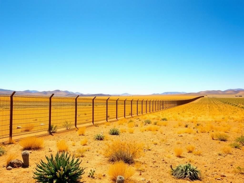 Flick International A serene view of the U.S.-Mexico border with a weathered fence and desert landscape