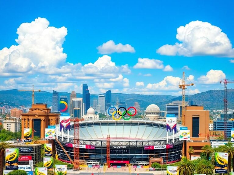 Flick International A vibrant cityscape of Los Angeles featuring the Hollywood Sign and Olympic stadium under a blue sky
