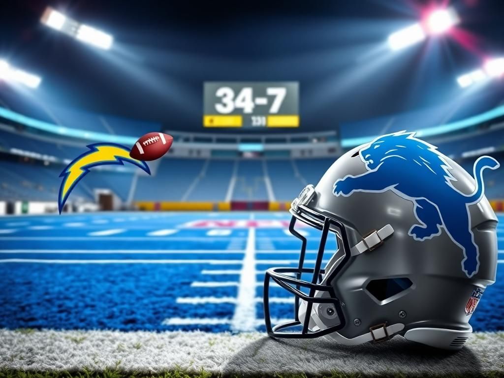 Flick International A vibrant football field under stadium lights with the NFL logo and a digital scoreboard showing 34-7.