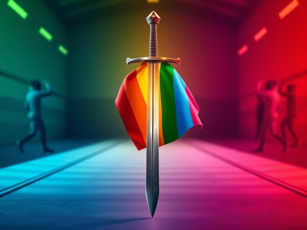 Flick International Abstract representation of a fencing sword crossed with a rainbow flag, symbolizing gender identity in sports.