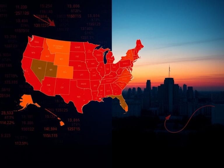 Flick International A split image depicting contrasting scenes of redistricting debate with a digital map on the left and an empty urban skyline on the right.