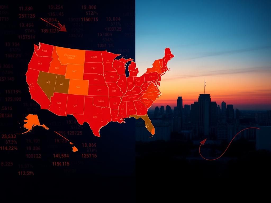 Flick International A split image depicting contrasting scenes of redistricting debate with a digital map on the left and an empty urban skyline on the right.