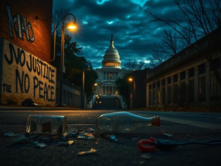 Flick International Dark urban landscape of Washington, D.C. at dusk with a shattered glass bottle symbolizing chaos