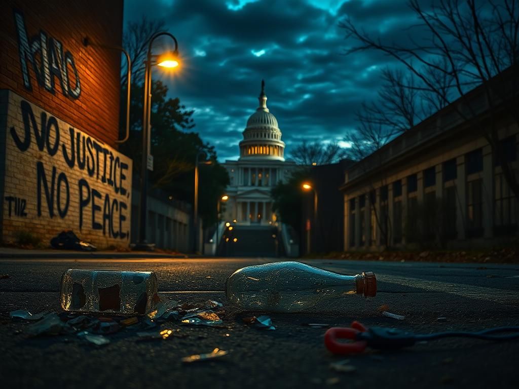 Flick International Dark urban landscape of Washington, D.C. at dusk with a shattered glass bottle symbolizing chaos