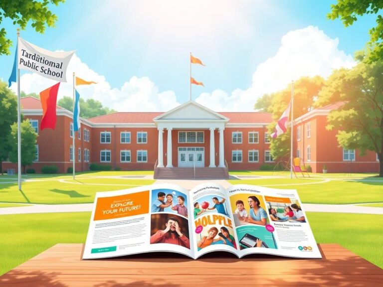 Flick International Illustration of an empty public school building with recruitment banners and an inviting playground.