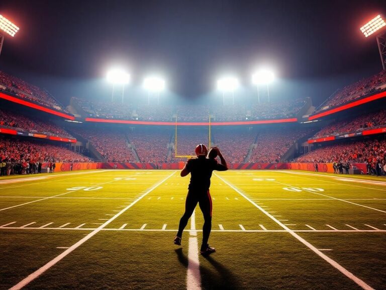 Flick International A dynamic action-packed scene of an empty football field under vibrant stadium lights, showcasing the anticipation of a game night.