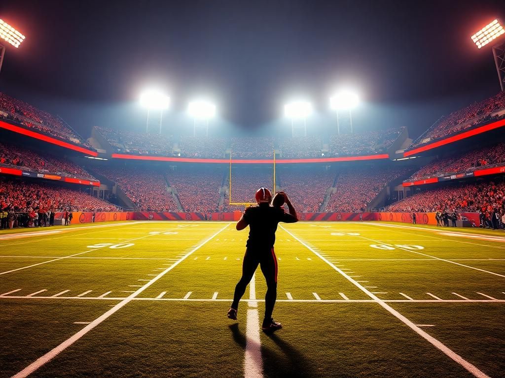 Flick International A dynamic action-packed scene of an empty football field under vibrant stadium lights, showcasing the anticipation of a game night.