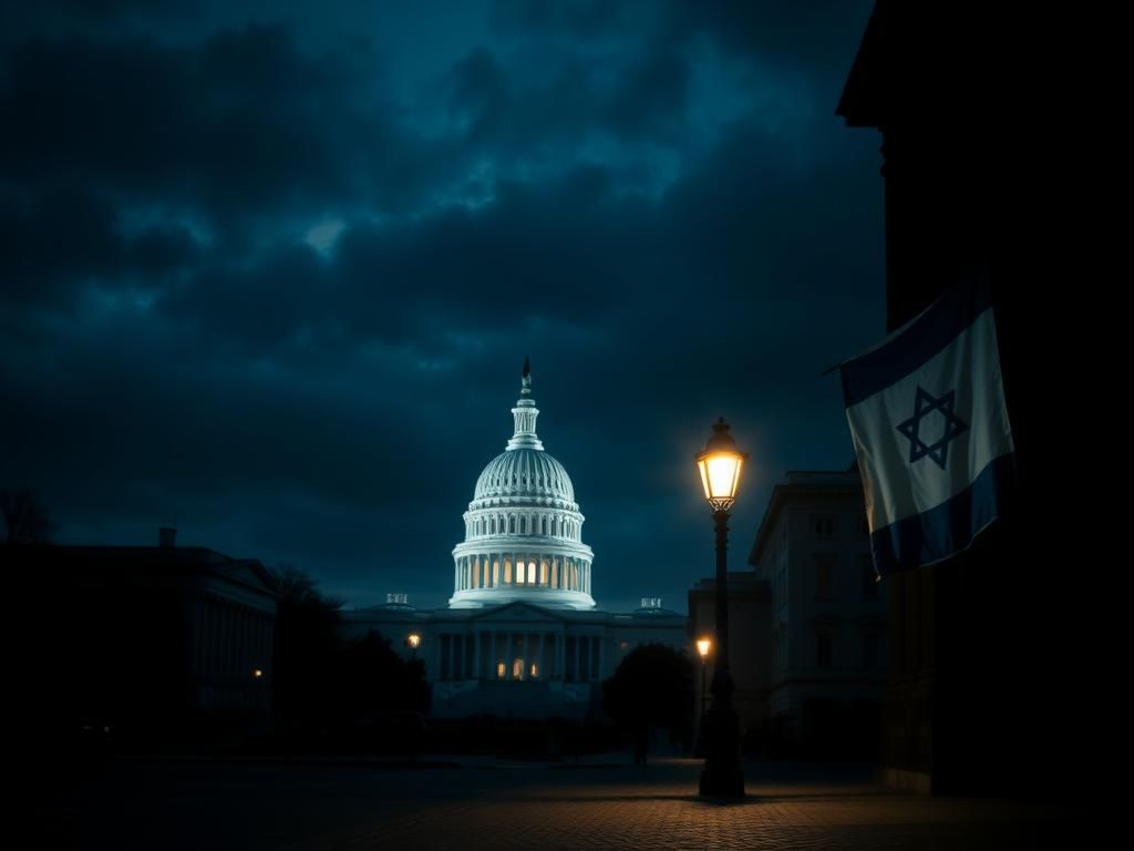 Flick International somber nighttime cityscape of Washington, D.C. featuring the U.S. Capitol and a flickering streetlamp