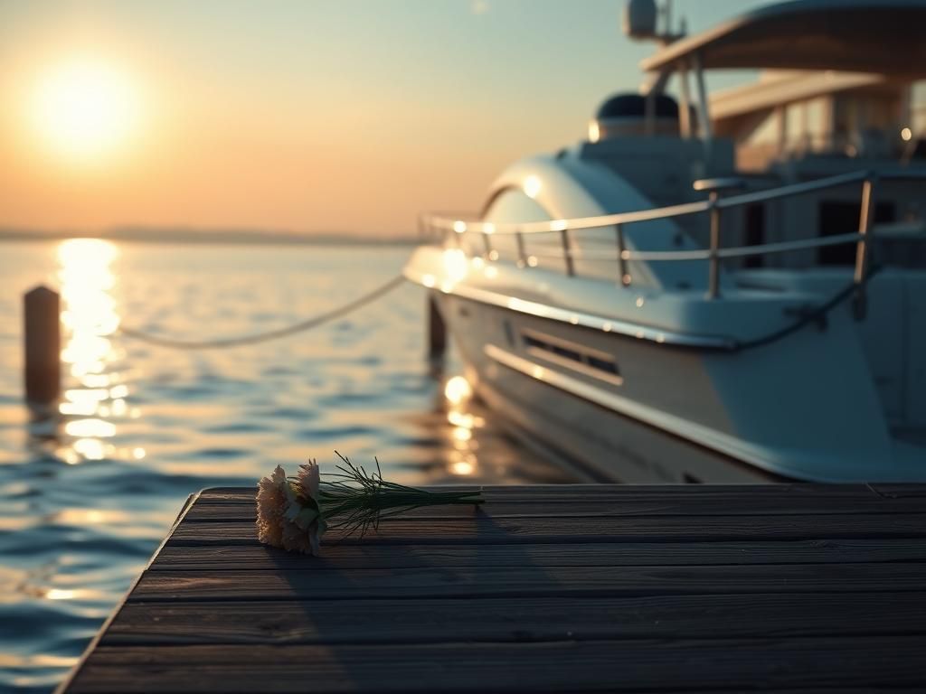 Flick International Luxurious yacht docked at Montauk Yacht Club with flowers in the foreground
