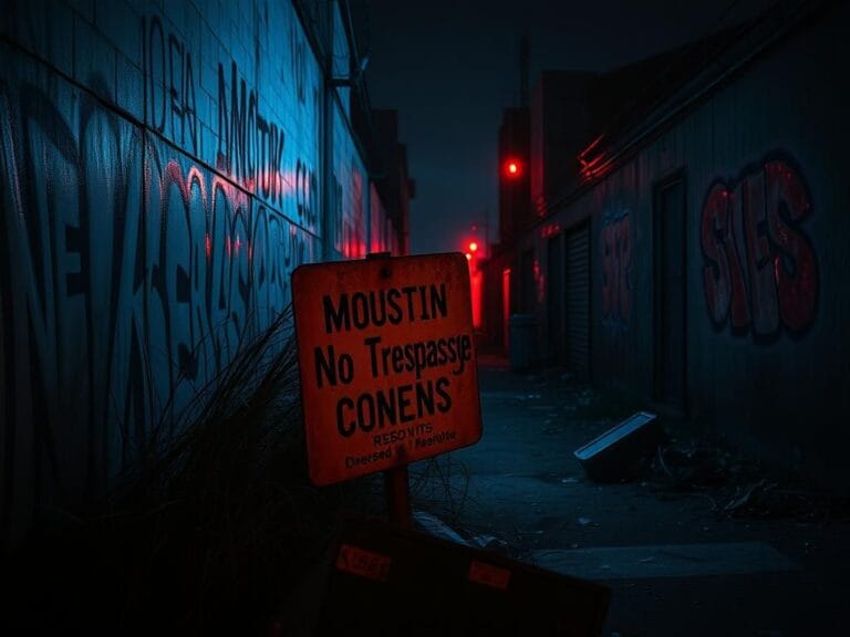 Flick International Dimly lit urban alleyway in Houston with graffiti and abandoned sign symbolizing illegal activity